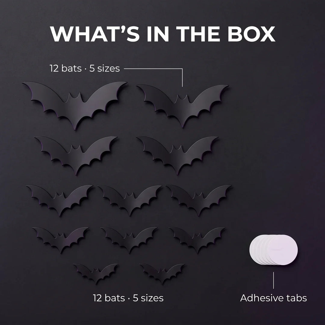 Glow-in-the-Dark LED Bat Stickers | Pack of 12 Halloween Wall Decals | Peel-and-Stick, No Wires, No Tools, Damage-Free