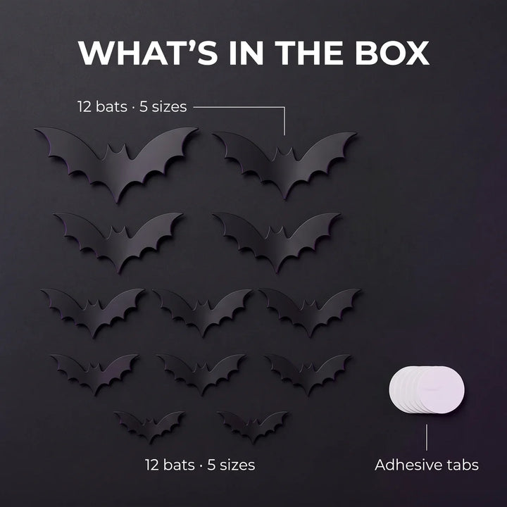 Glow-in-the-Dark LED Bat Stickers | Pack of 12 Halloween Wall Decals | Peel-and-Stick, No Wires, No Tools, Damage-Free