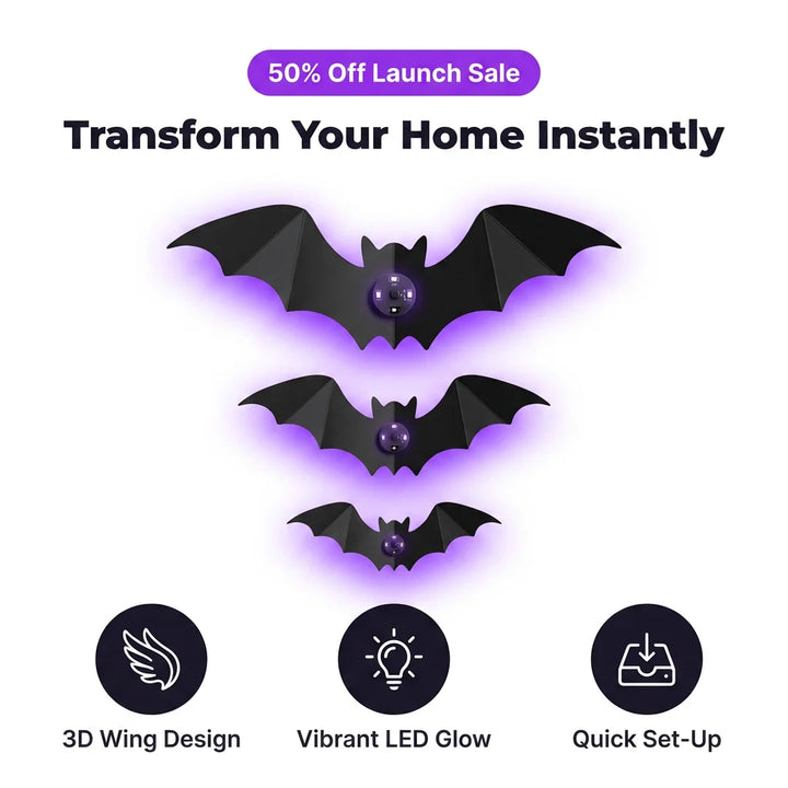 Glow-in-the-Dark LED Bat Stickers | Pack of 12 Halloween Wall Decals | Peel-and-Stick, No Wires, No Tools, Damage-Free