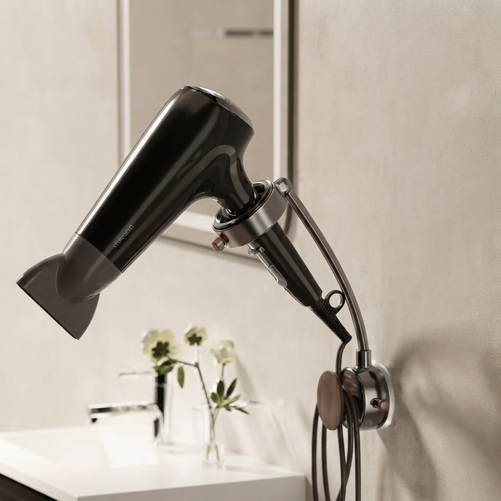 Hair Dryer Holder | 360 Degree Rotating Arm, Open Ring Cradle