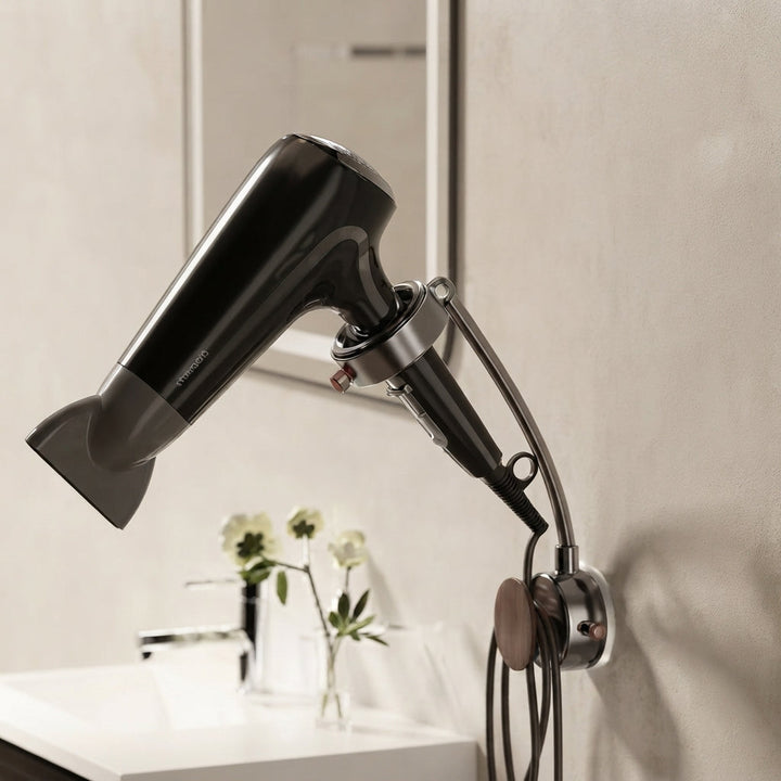 Hair Dryer Holder | 360 Degree Rotating Arm, Open Ring Cradle