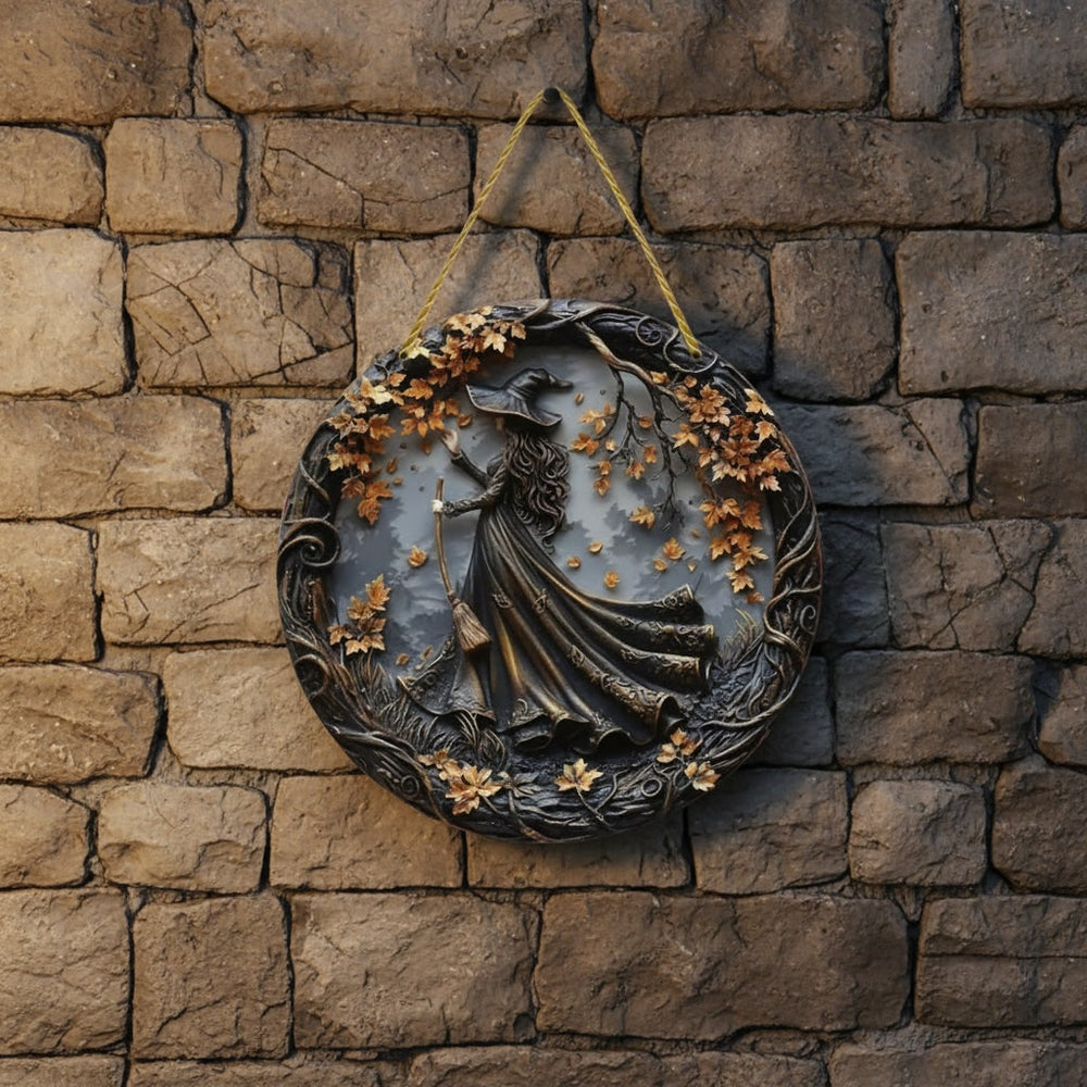 Halloween 3D Relief Wall Plaque | Witch Design with Gnarled Branch Border and Rope Hanger | Weather-Resistant Resin