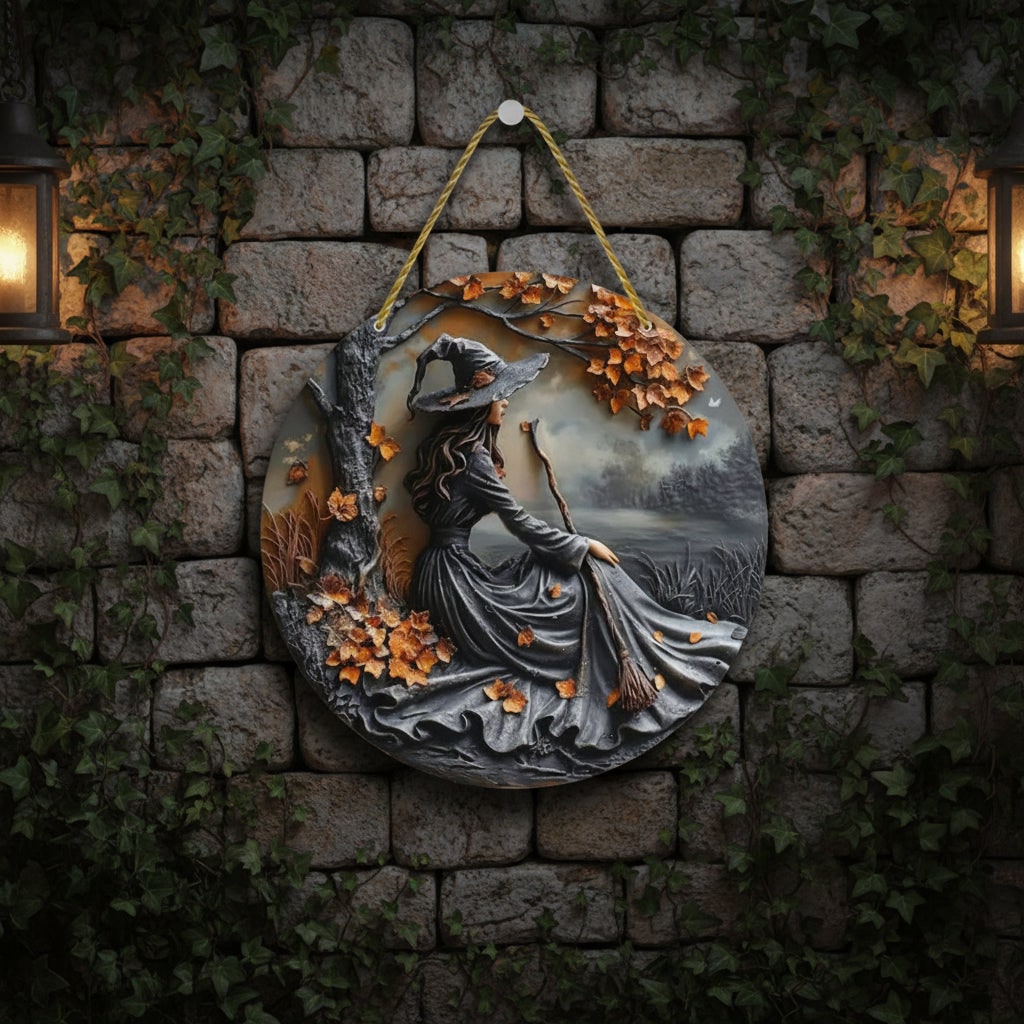 Halloween 3D Relief Wall Plaque | Witch Design with Gnarled Branch Border and Rope Hanger | Weather-Resistant Resin