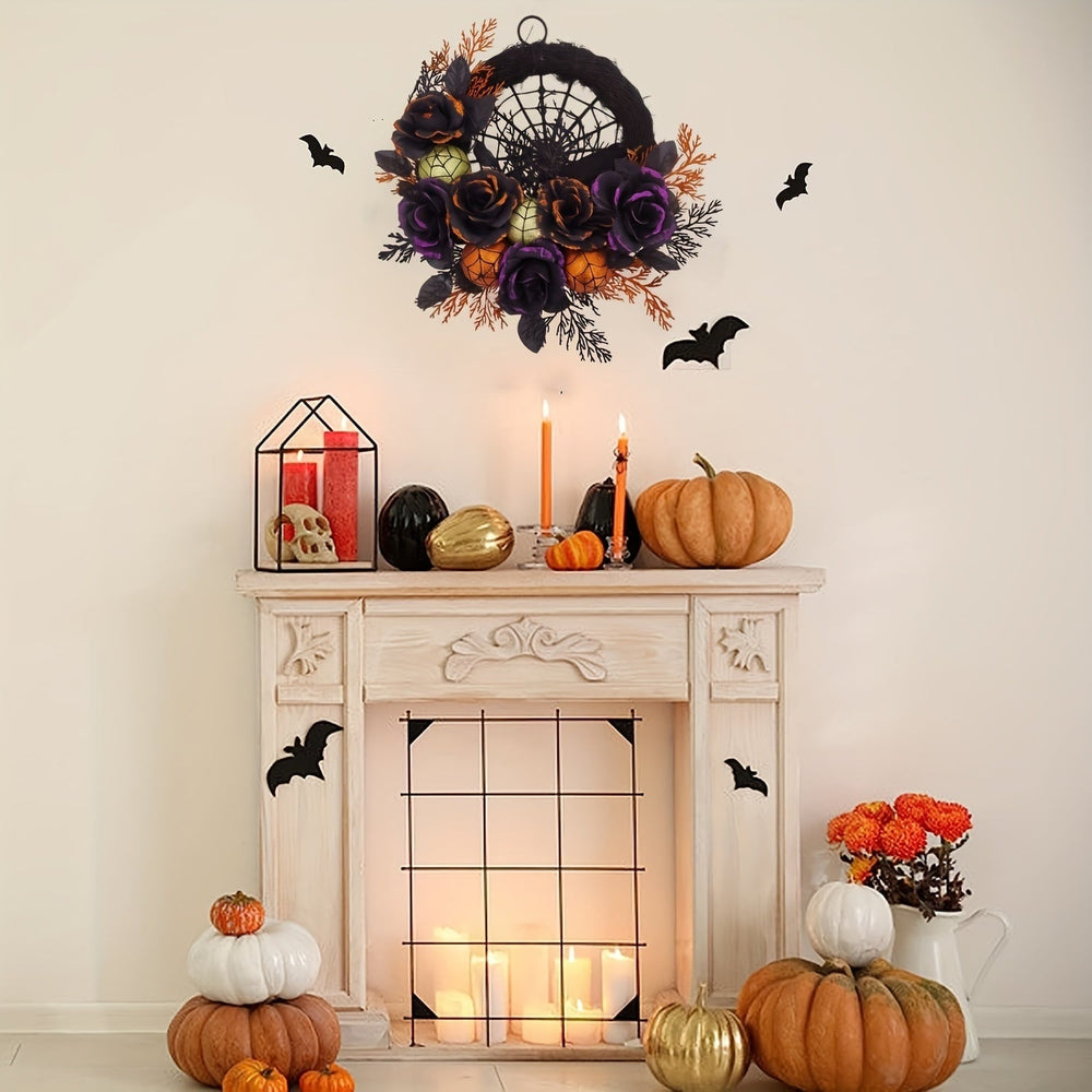 Halloween Door Wreath with Spiderweb Design | Black Roses, Glitter Ornaments & Faux Leaves | No Batteries Needed