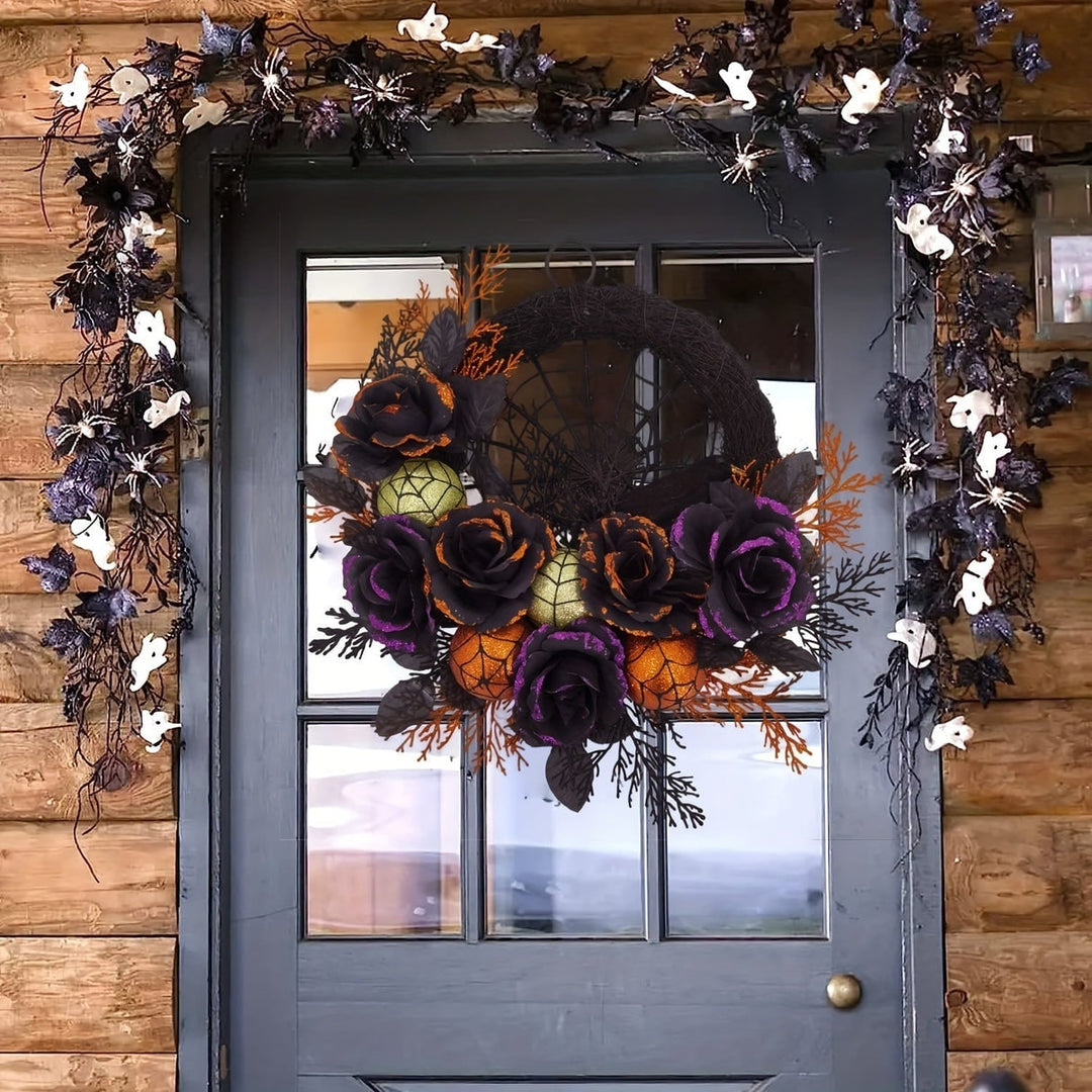 Halloween Door Wreath with Spiderweb Design | Black Roses, Glitter Ornaments &amp; Faux Leaves | No Batteries Needed