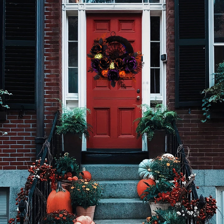 Halloween Door Wreath with Spiderweb Design | Black Roses, Glitter Ornaments &amp; Faux Leaves | No Batteries Needed