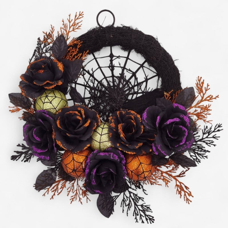 Halloween Door Wreath with Spiderweb Design | Black Roses, Glitter Ornaments & Faux Leaves | No Batteries Needed