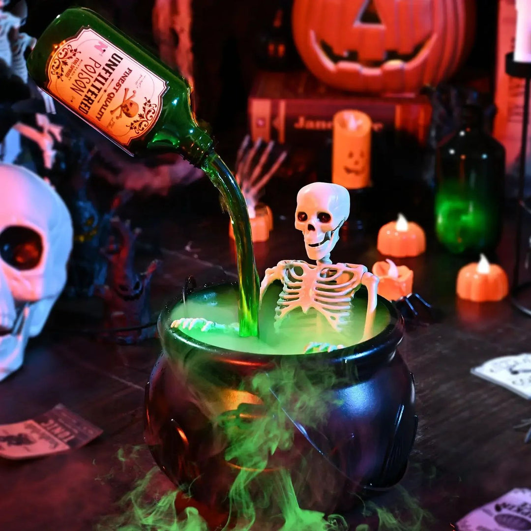 Halloween Fog Maker Cauldron with LED Skeleton Mist | Glowing Potion Effect | Reusable Party Centrepiece Decoration
