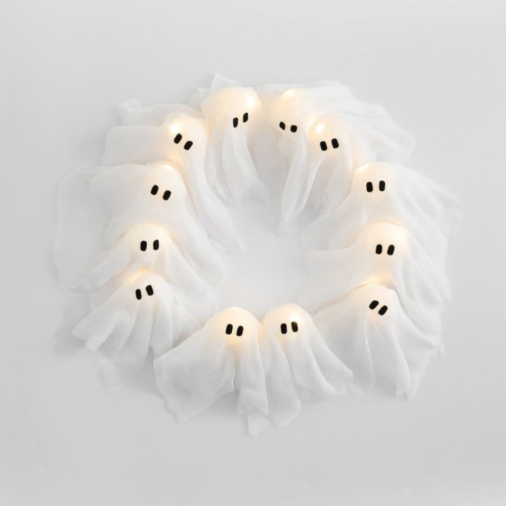 Halloween Ghost Wreath with LED Lights | Twelve Glowing Ghosts, 38 x 35 cm | Battery-Operated White Gauze Door Décor