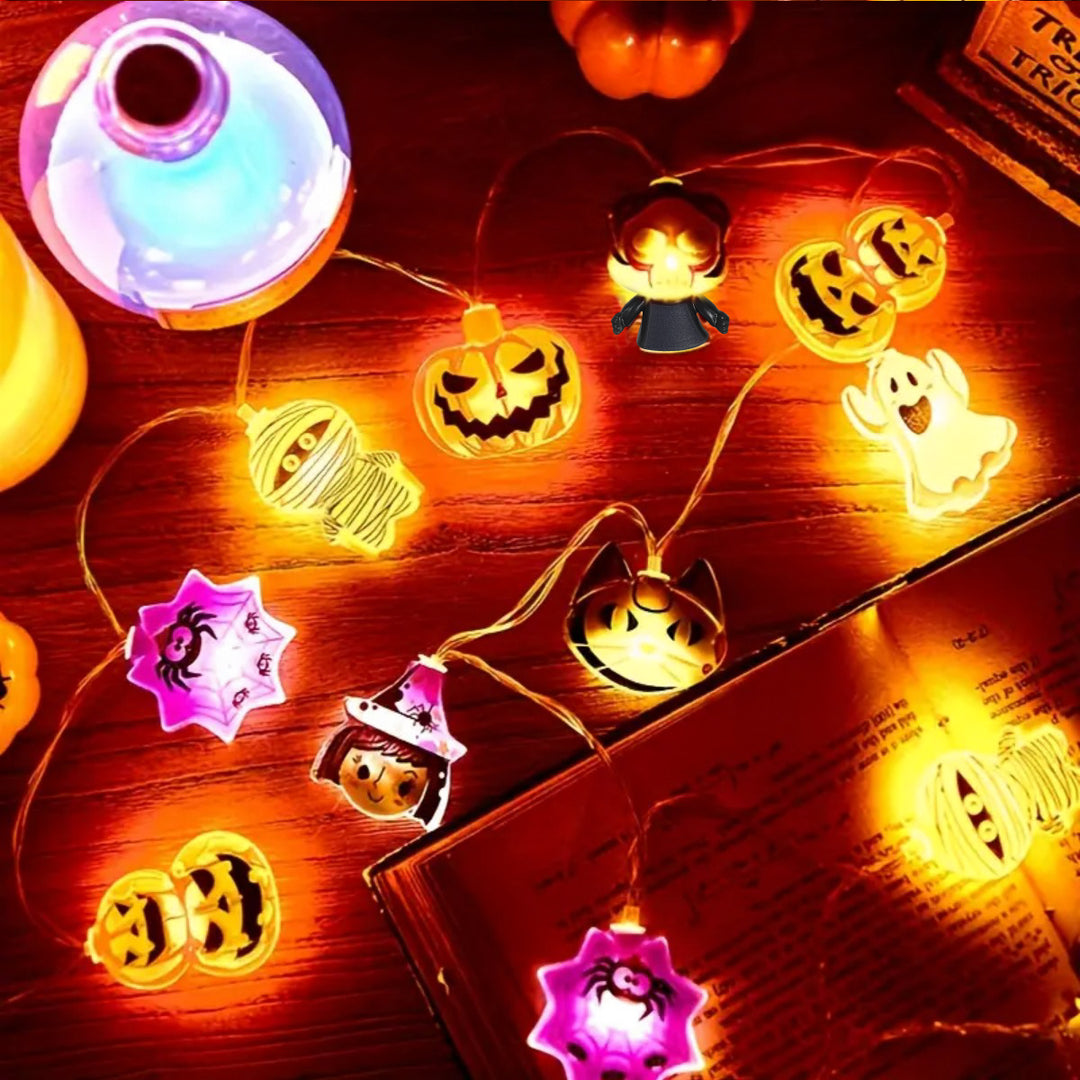 Halloween LED String Lights | Ghost Witch Cat Pumpkin Spider Web Skeleton Designs | Battery Powered Party Decor