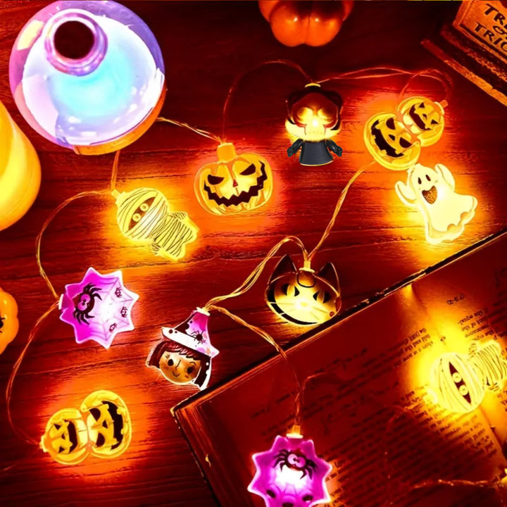 Halloween LED String Lights | Ghost Witch Cat Pumpkin Spider Web Skeleton Designs | Battery Powered Party Decor