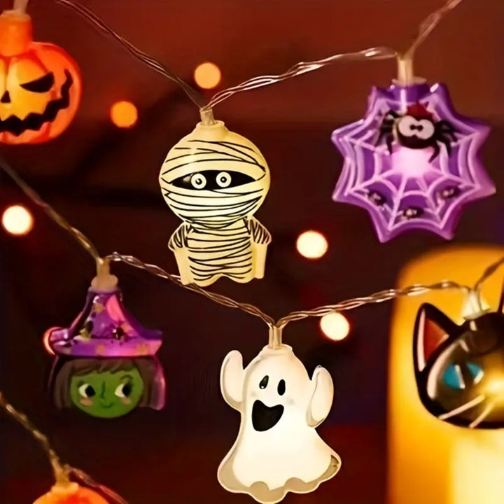 Halloween LED String Lights | Ghost Witch Cat Pumpkin Spider Web Skeleton Designs | Battery Powered Party Decor