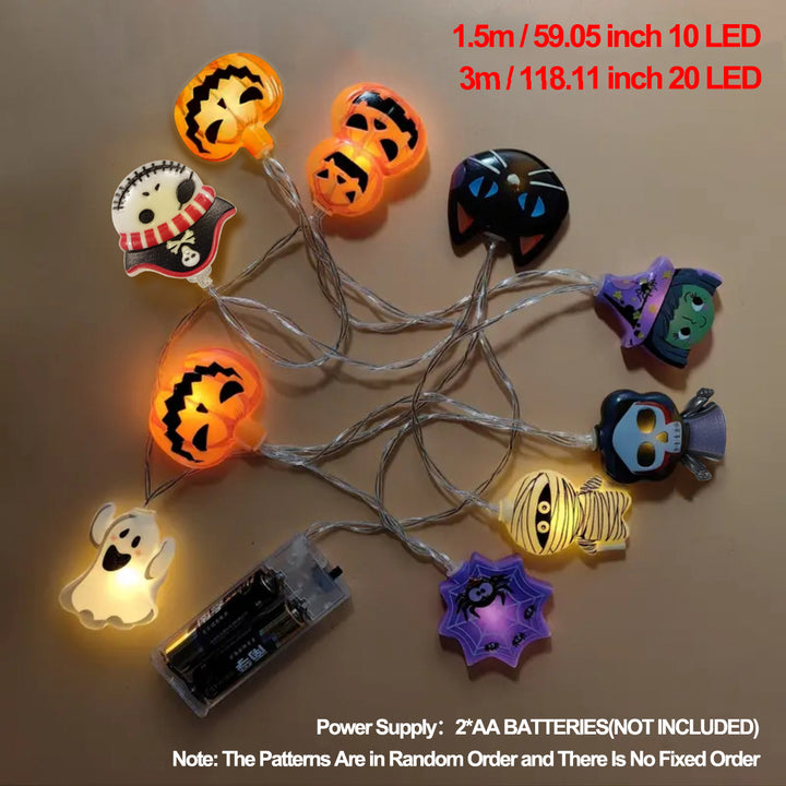 Halloween LED String Lights | Ghost Witch Cat Pumpkin Spider Web Skeleton Designs | Battery Powered Party Decor