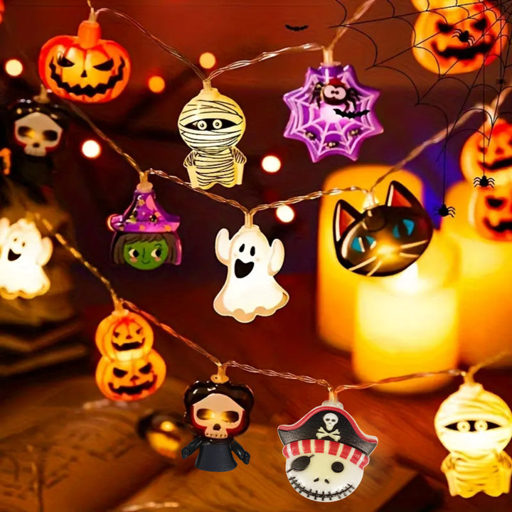 Halloween LED String Lights | Ghost Witch Cat Pumpkin Spider Web Skeleton Designs | Battery Powered Party Decor