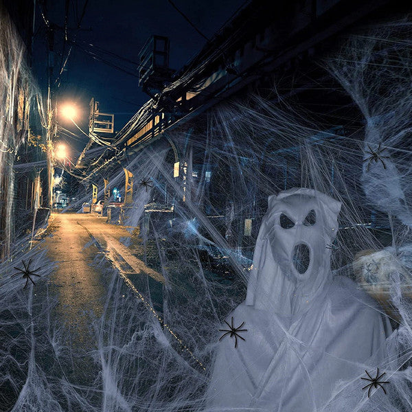 Halloween Spider Web Decoration | Stretchable Cobweb with Fake Spider Prop | Indoor and Outdoor Halloween Party Décor