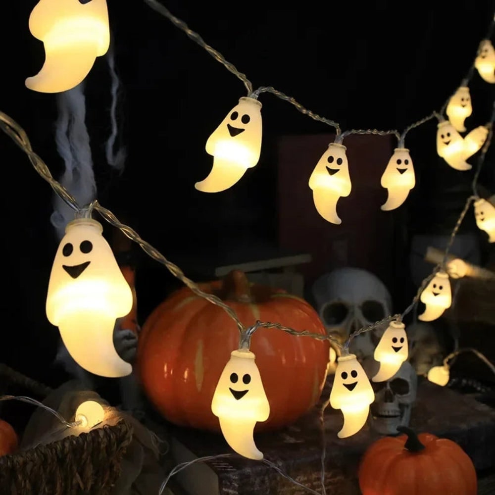 Halloween String Lights LED, Battery Operated | Pumpkin, Ghost, Skull, Eyeball & Assorted Shapes | Weather-Resistant Wire