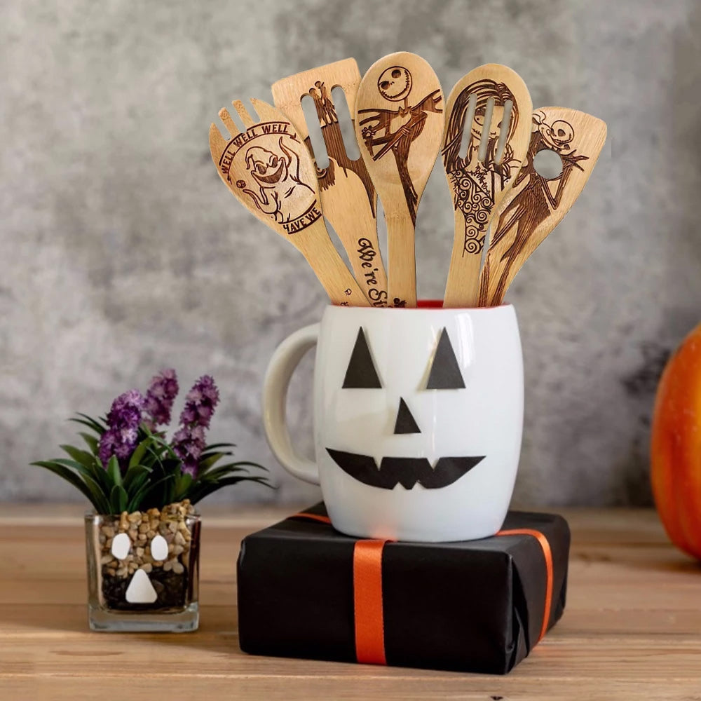 Halloween Wooden Spoon Set 5-Piece | Spoon, Slotted Spoon, Turner Spatula &amp; More | Natural Bamboo, BPA-Free, No Glue