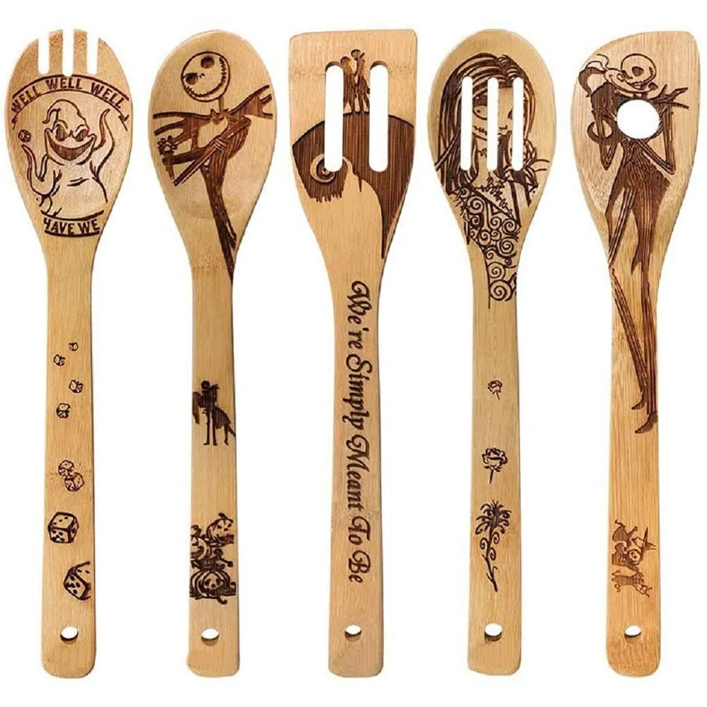 Halloween Wooden Spoon Set 5-Piece | Spoon, Slotted Spoon, Turner Spatula &amp; More | Natural Bamboo, BPA-Free, No Glue
