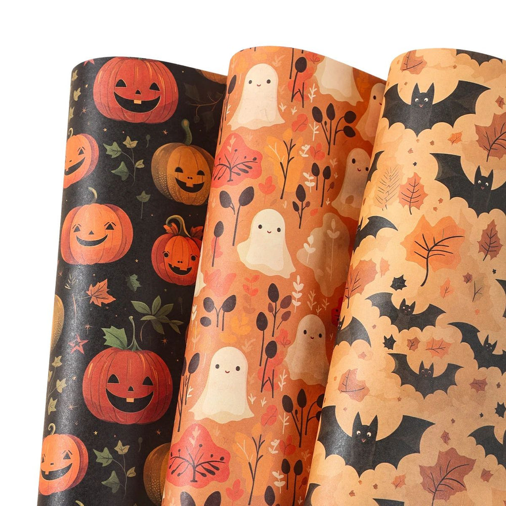 Halloween Wrapping Paper Ghost, Pumpkin & Bat Pattern | 4-Sheet Tissue Paper Set | Lightweight Gift Wrap for Crafts