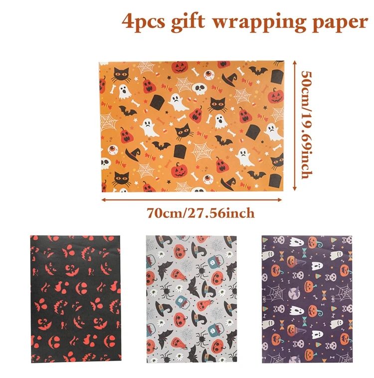 Halloween Wrapping Paper Ghost, Pumpkin &amp; Bat Pattern | 4-Sheet Tissue Paper Set | Lightweight Gift Wrap for Crafts