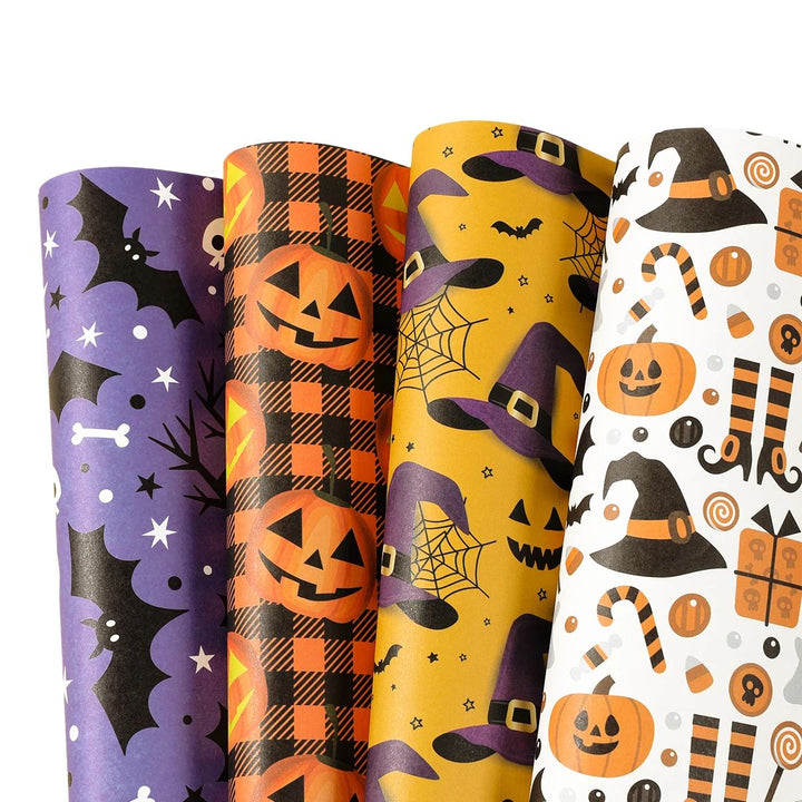 Halloween Wrapping Paper Ghost, Pumpkin &amp; Bat Pattern | 4-Sheet Tissue Paper Set | Lightweight Gift Wrap for Crafts
