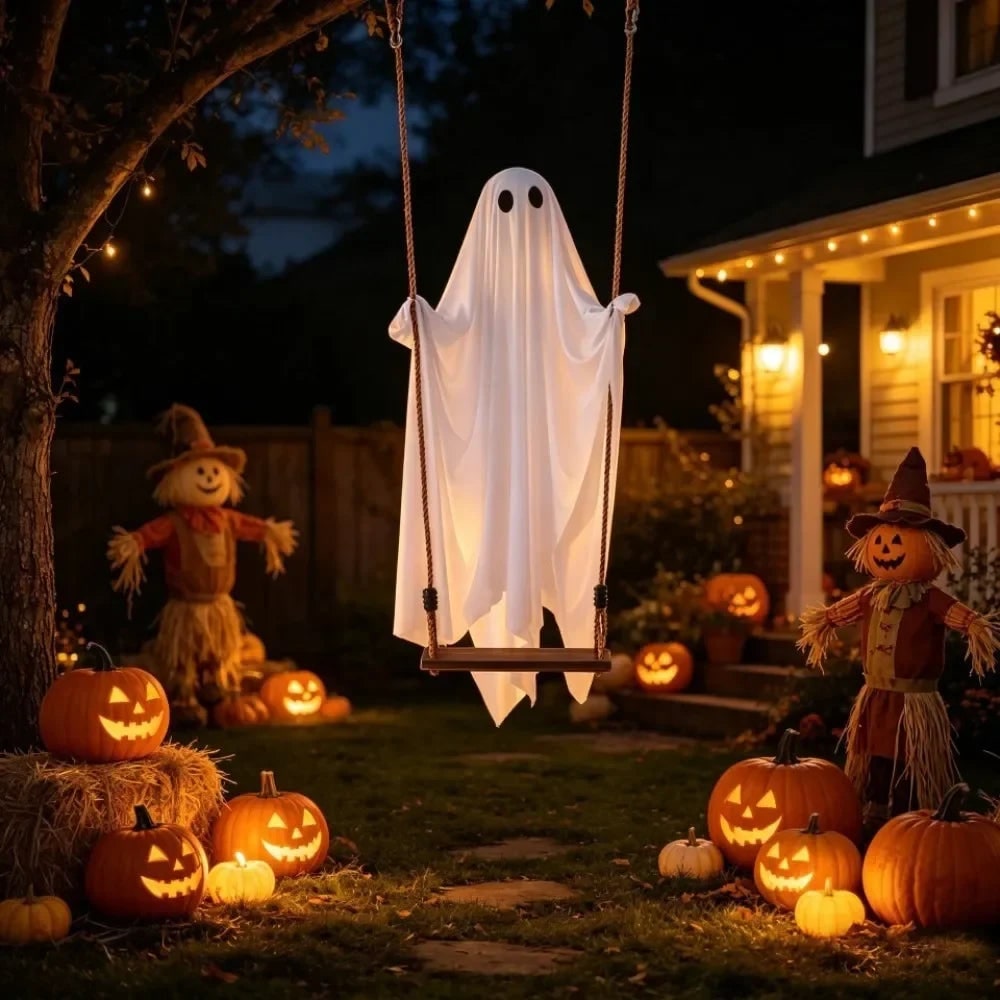 Hanging Ghost Halloween Decoration | LED Light with Remote Control | Weather-Resistant Swing Effect for Outdoor Yard