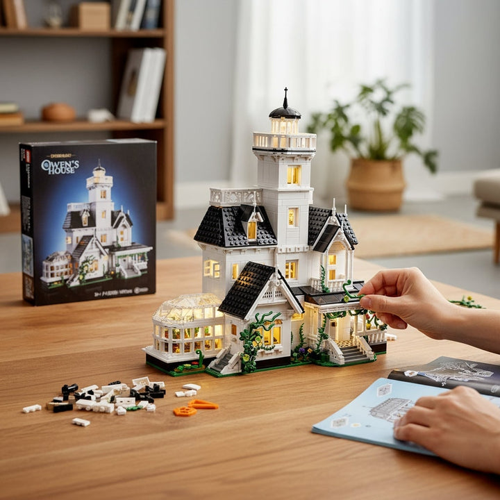 Haunted House Building Block Set | LED Lights, Gothic Victorian Design | Plastic Bricks, Reusable Halloween Décor