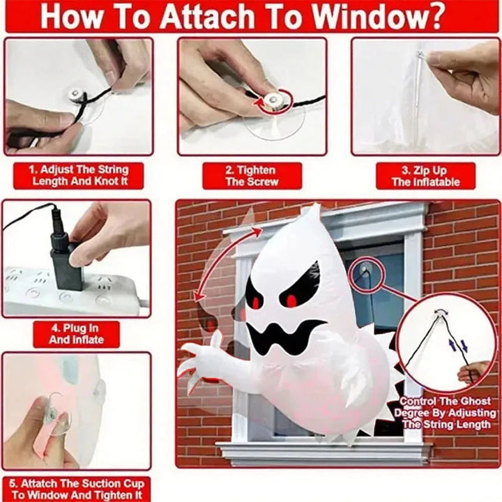 Inflatable Halloween Ghost Decoration | Built-In Blower, LED Light String &amp; Suction Cups | Folds Flat for Storage