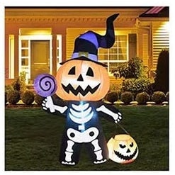 Inflatable Skeleton Pumpkin Halloween Decoration | LED Lights, Witch Hat, Blower Fan | Weather-Resistant Outdoor Yard Prop