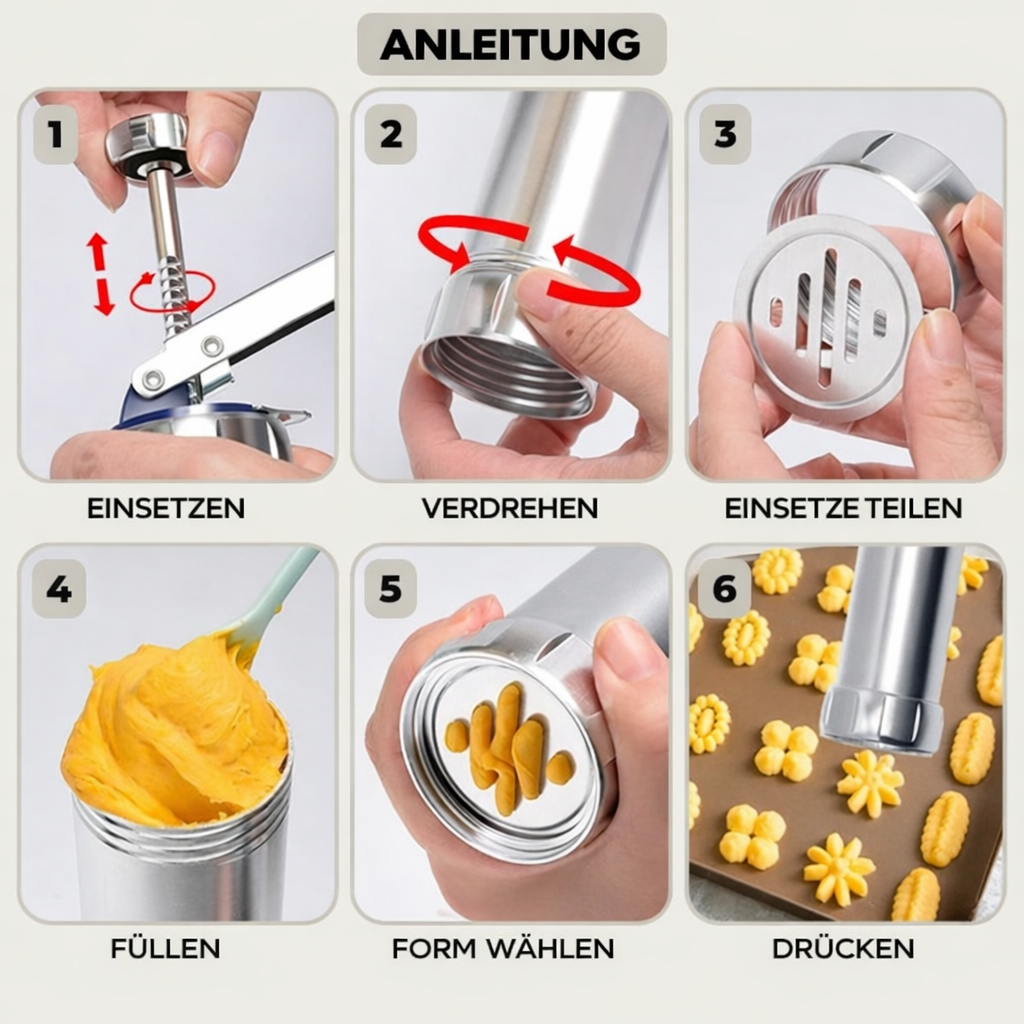 Cookie Press Mould Set Aluminium | 20 Templates &amp; 4 Piping Nozzles | Adjustable Size Dial for Uniform, Evenly Portioned Cookies 7