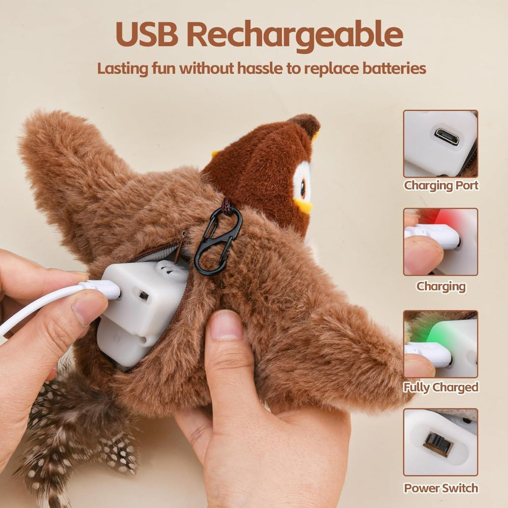 Interactive Bird Cat Toy Plush | Motion Sensor Chirping &amp; Flapping Wings | USB Rechargeable with Catnip Scent Included