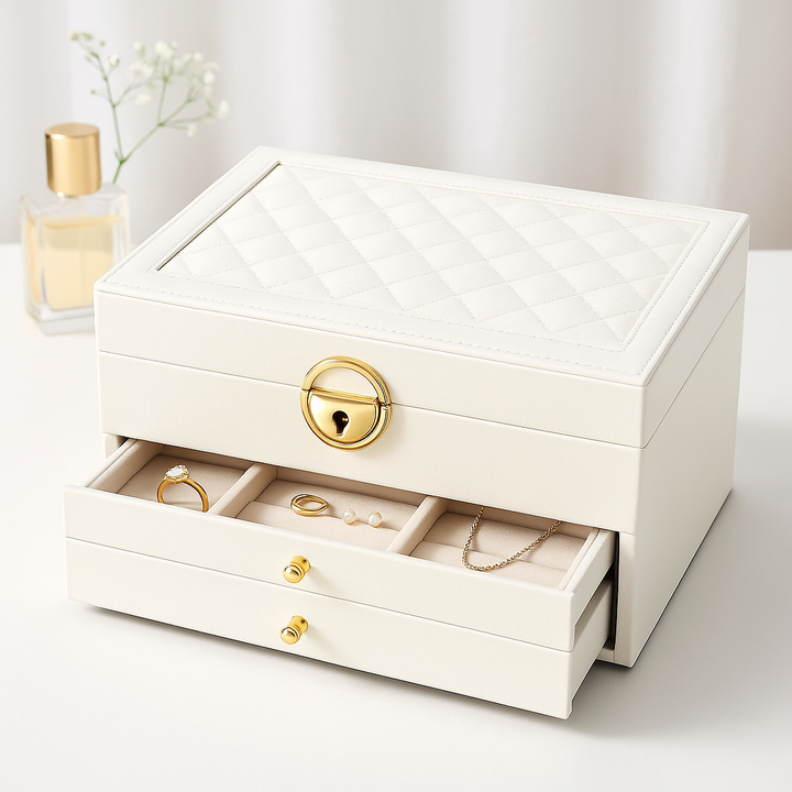 Jewelry Storage Box | Two Drawers, Locking Quilted Lid