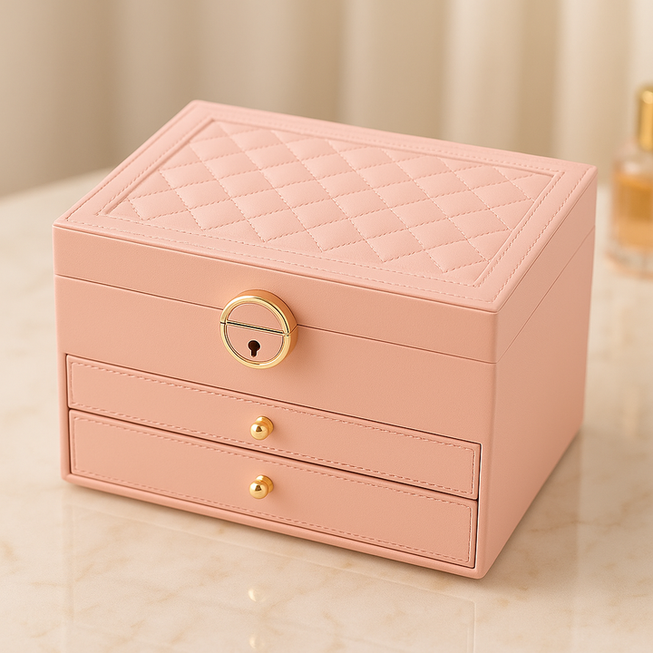 Jewelry Storage Box | Two Drawers, Locking Quilted Lid