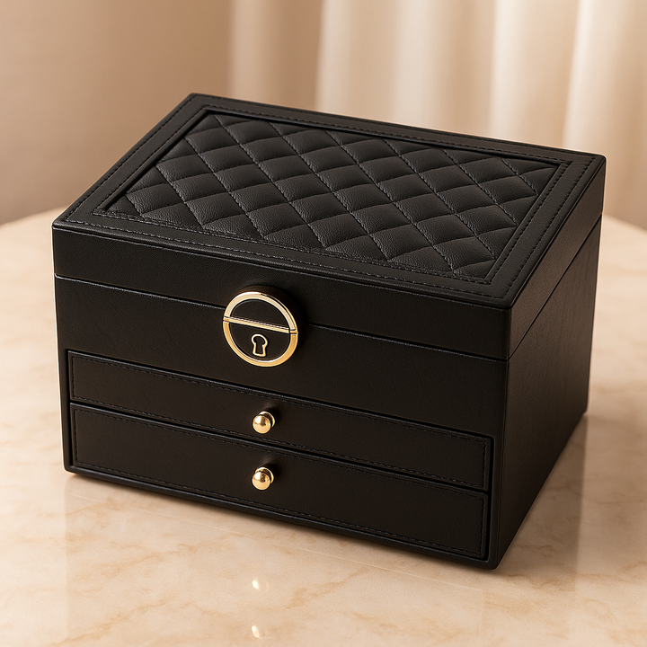 Jewelry Storage Box | Two Drawers, Locking Quilted Lid