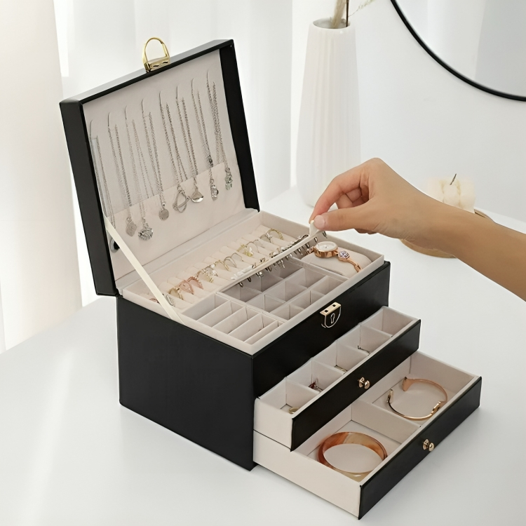 Jewelry Storage Box | Two Drawers, Locking Quilted Lid