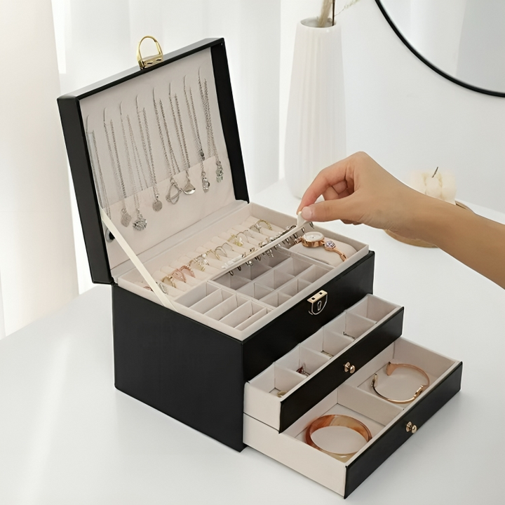 Jewelry Storage Box | Two Drawers, Locking Quilted Lid