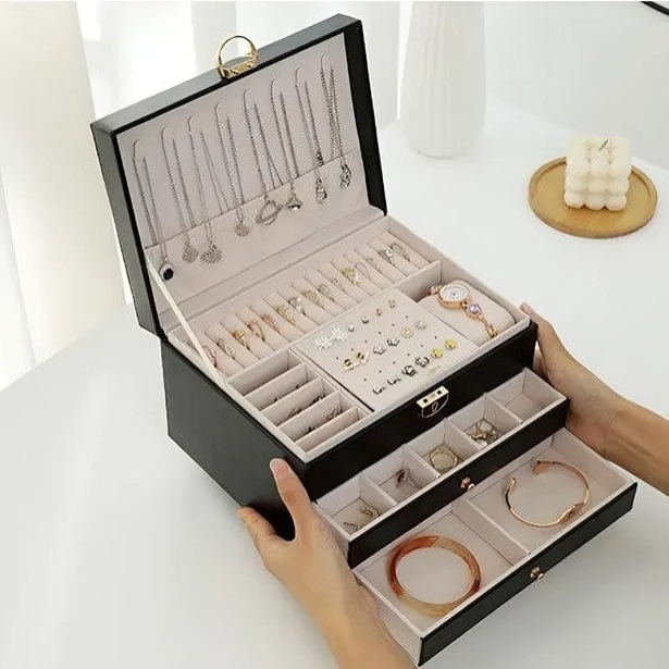 Jewelry Storage Box | Two Drawers, Locking Quilted Lid