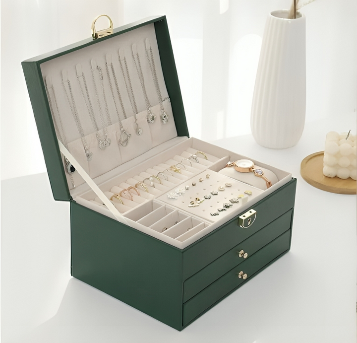 Jewelry Storage Box | Two Drawers, Locking Quilted Lid