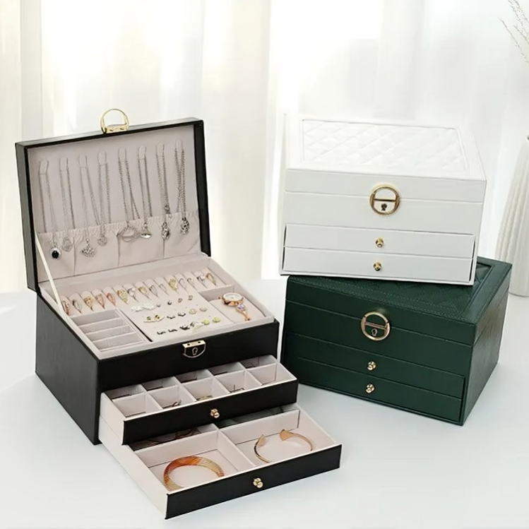 Jewelry Storage Box | Two Drawers, Locking Quilted Lid