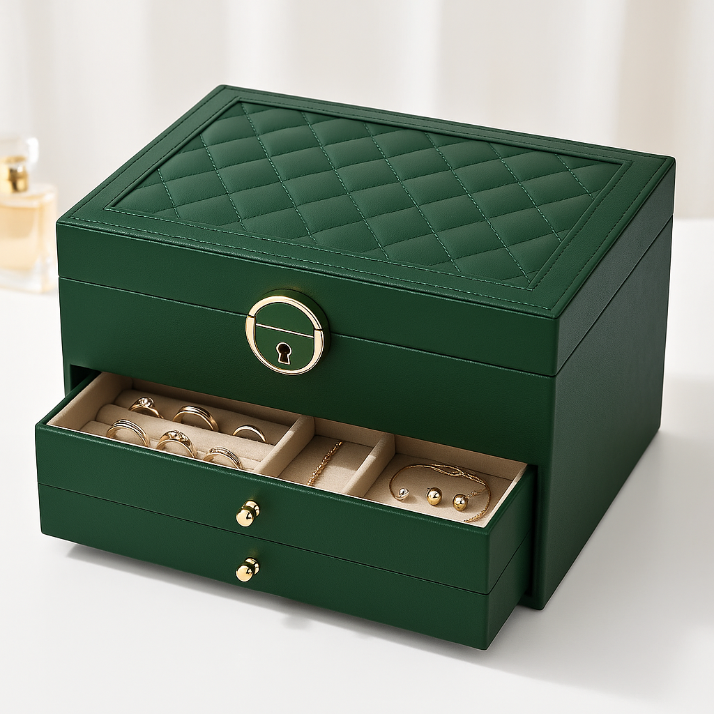 Jewelry Storage Box | Two Drawers, Locking Quilted Lid