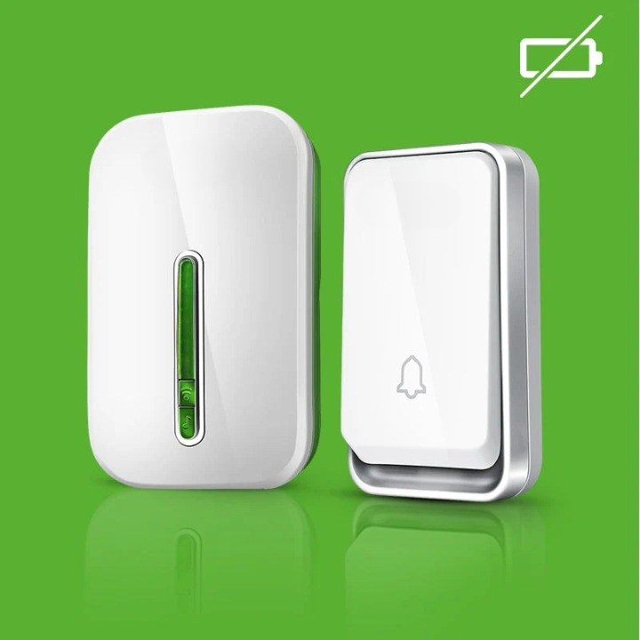 Wireless Doorbell Kinetic Button No Battery Required | 120 m Range, IP44 Weatherproof | Mains Receiver, 100 dB, LED 1