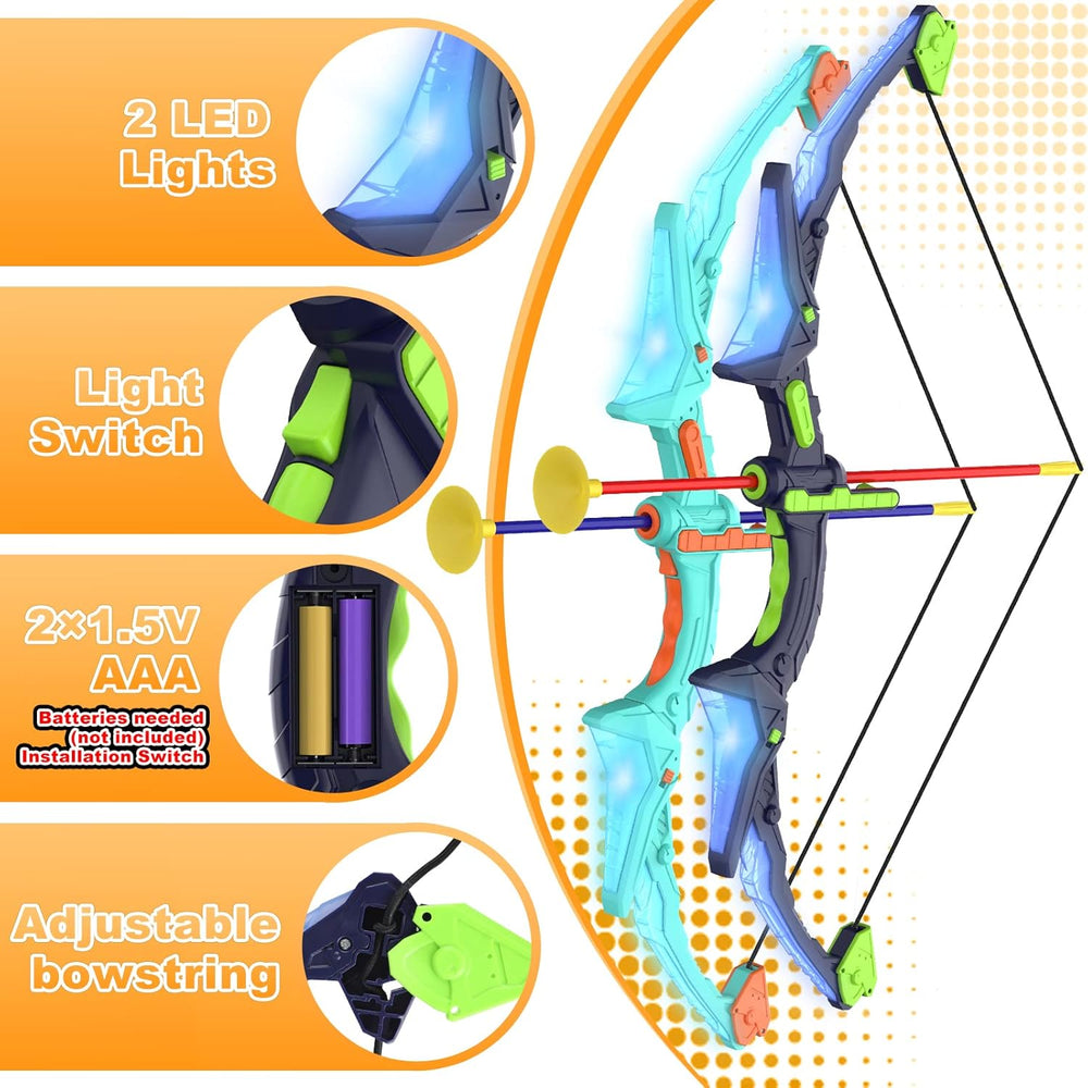 Kids Archery Set | 2 Bows | LED Lights | 14 Suction Cup Arrows | Glow Target | Ages 4–12