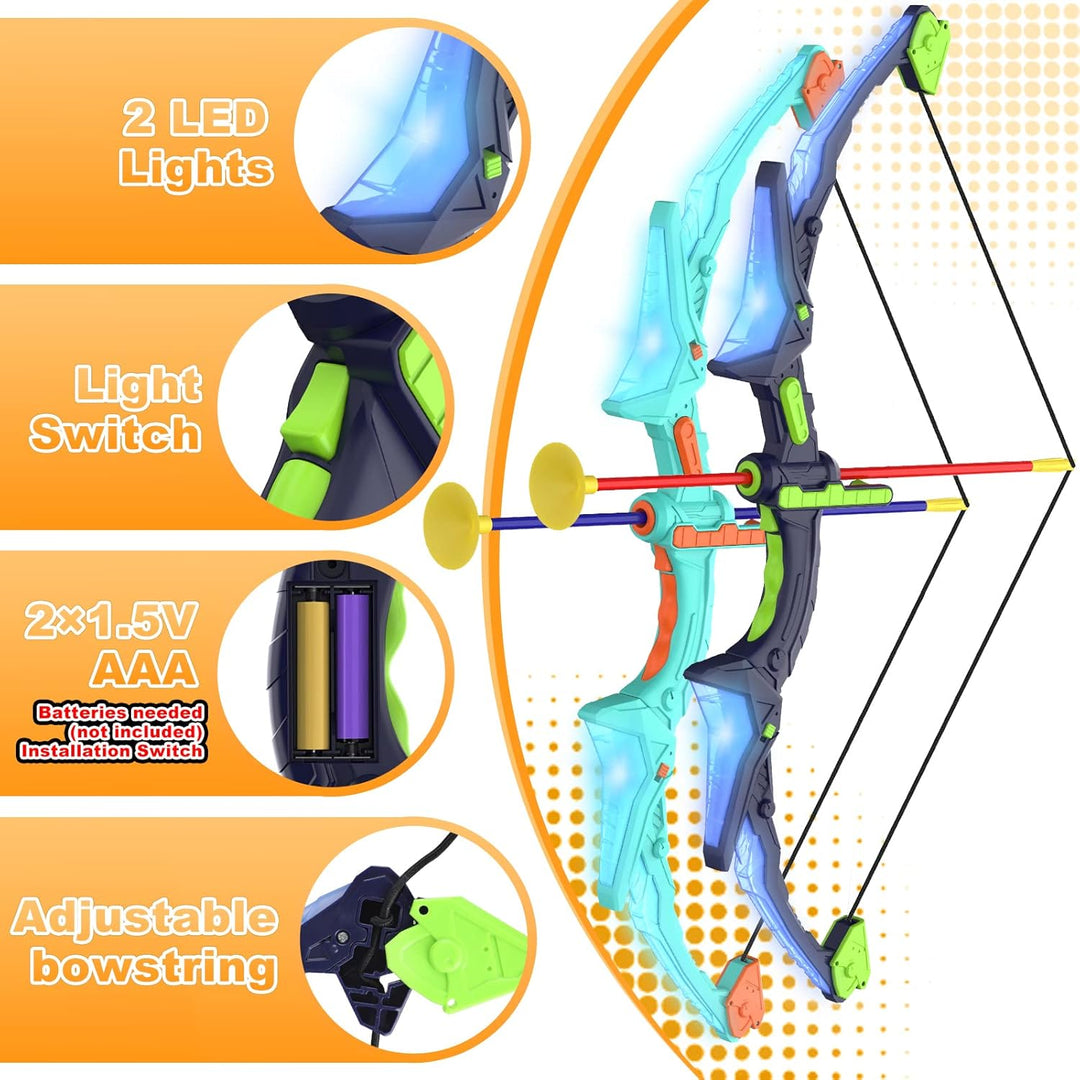 Kids Archery Set | 2 Bows | LED Lights | 14 Suction Cup Arrows | Glow Target | Ages 4–12