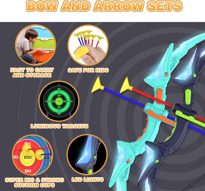 Kids Archery Set | 2 Bows | LED Lights | 14 Suction Cup Arrows | Glow Target | Ages 4–12