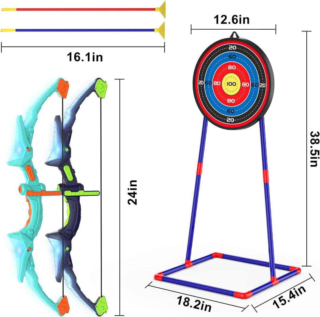 Kids Archery Set | 2 Bows | LED Lights | 14 Suction Cup Arrows | Glow Target | Ages 4–12