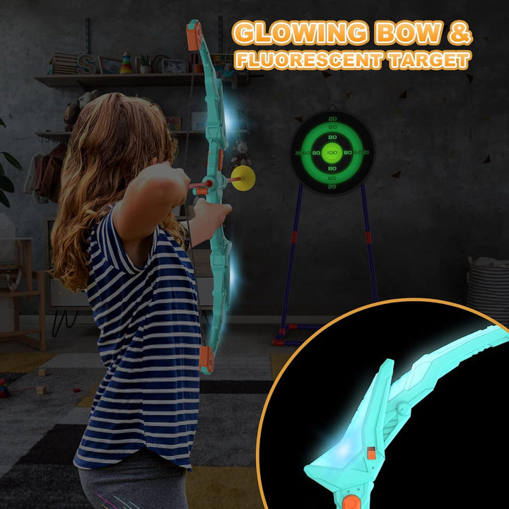 Kids Archery Set | 2 Bows | LED Lights | 14 Suction Cup Arrows | Glow Target | Ages 4–12