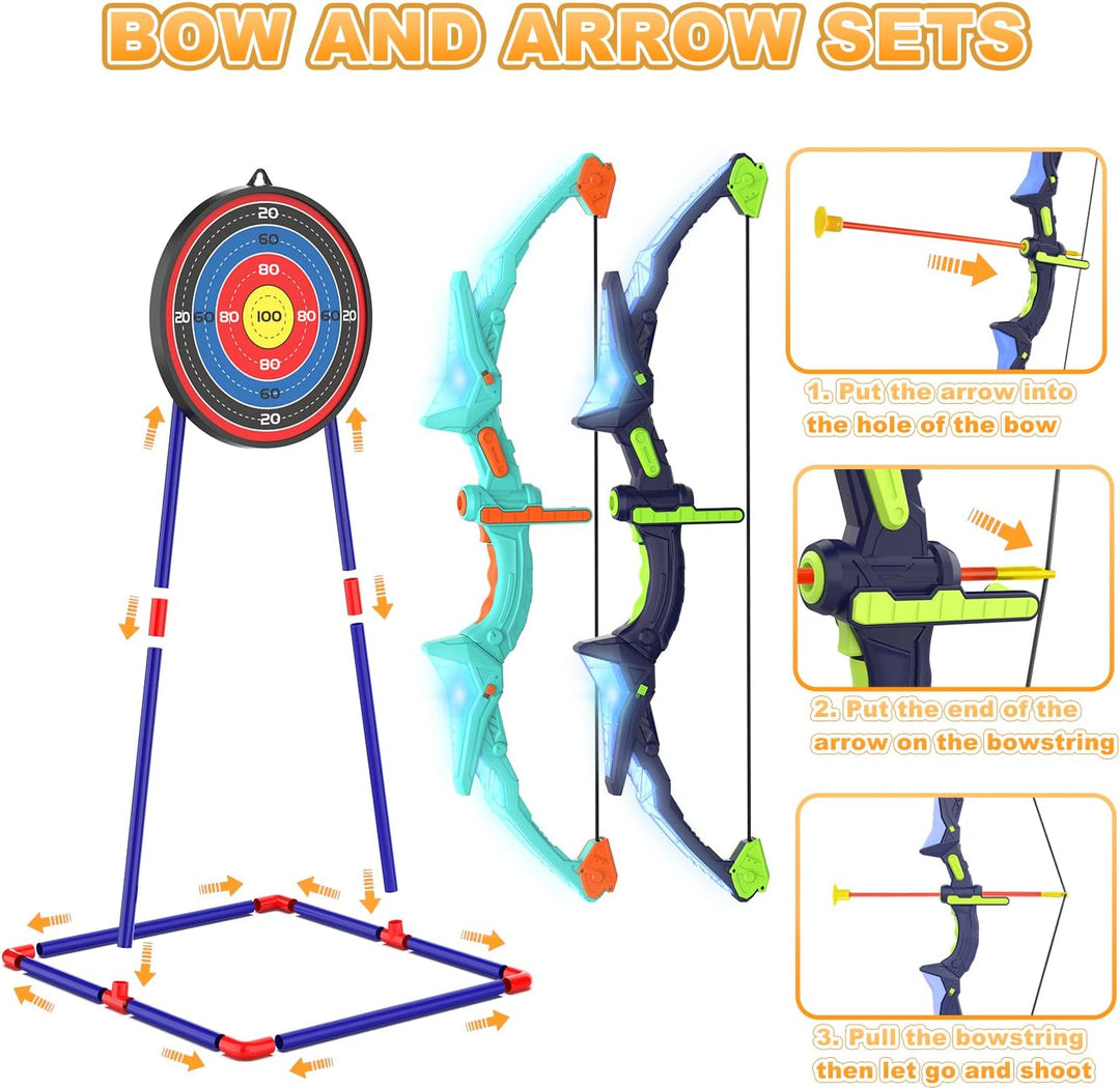 Kids Archery Set | 2 Bows | LED Lights | 14 Suction Cup Arrows | Glow Target | Ages 4–12