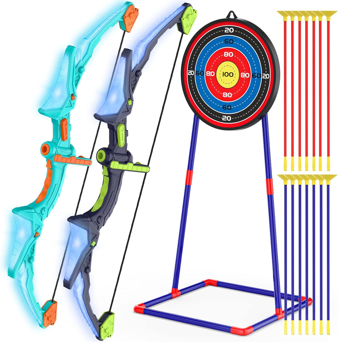 Kids Archery Set | 2 Bows | LED Lights | 14 Suction Cup Arrows | Glow Target | Ages 4–12