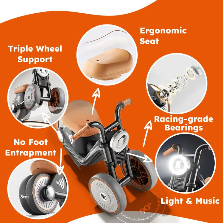 Kids Ride-On Motorcycle | Anti-Tip | Light &amp; Sound | Silent EVA Wheels | Ages 1–6 | Up to 30kg