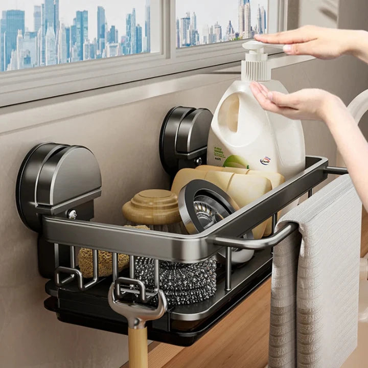 Kitchen Sink Caddy Aluminum 31 x 13 cm | Suction Cup Mount, No Drilling Needed | Gray/White, Drains Water, Rust-Free